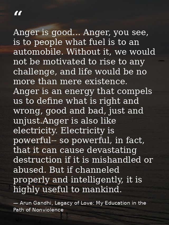 Anger is good... Anger, you see, is to people what fuel is to an automobile. Without it, we would not be motivated to ri — Arun Gandhi, Legacy of Love: My Education in the Path of Nonviolence