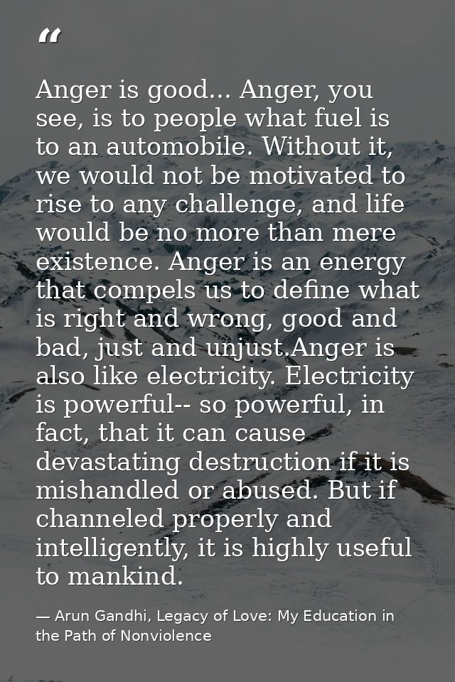 Anger is good... Anger, you see, is to people what fuel is to an automobile. Without it, we would not be motivated to ri — Arun Gandhi, Legacy of Love: My Education in the Path of Nonviolence
