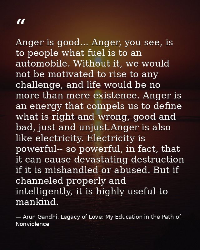 Anger is good... Anger, you see, is to people what fuel is to an automobile. Without it, we would not be motivated to ri — Arun Gandhi, Legacy of Love: My Education in the Path of Nonviolence