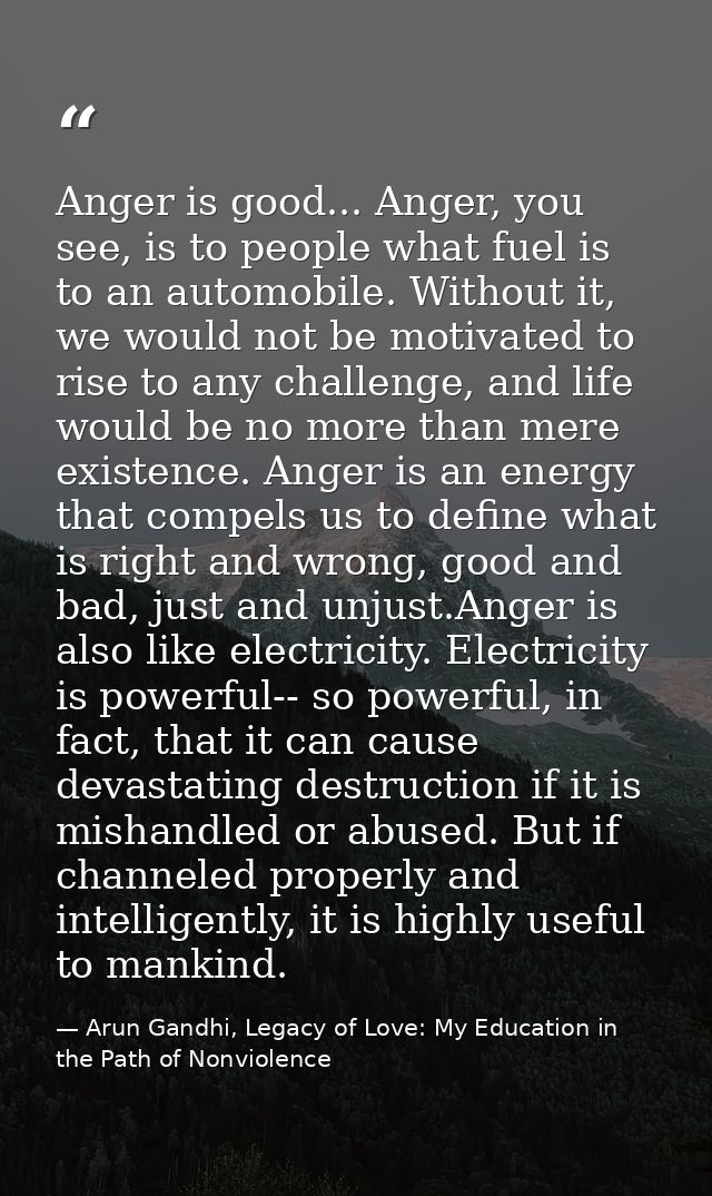 Anger is good... Anger, you see, is to people what fuel is to an automobile. Without it, we would not be motivated to ri — Arun Gandhi, Legacy of Love: My Education in the Path of Nonviolence