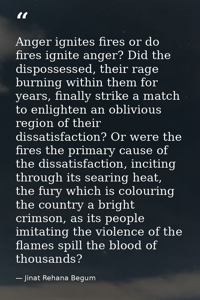 Anger ignites fires or do fires ignite anger? Did the dispossessed, their rage burning within them for years, finally st — Jinat Rehana Begum