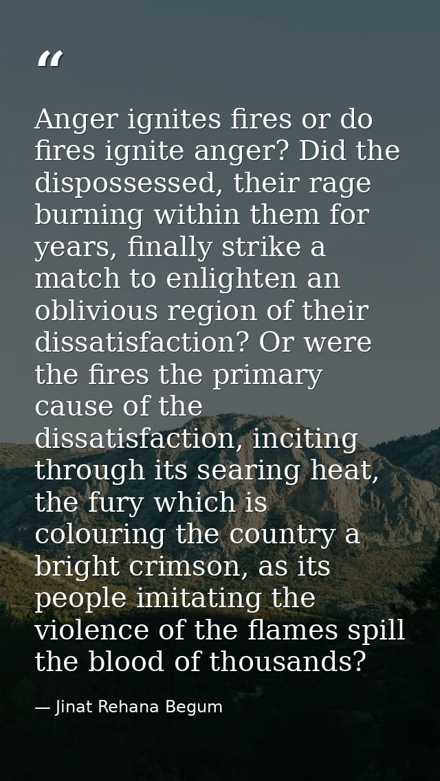 Anger ignites fires or do fires ignite anger? Did the dispossessed, their rage burning within them for years, finally st — Jinat Rehana Begum