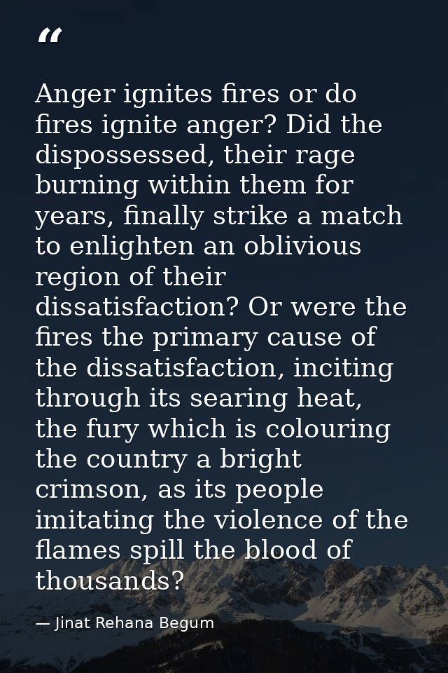 Anger ignites fires or do fires ignite anger? Did the dispossessed, their rage burning within them for years, finally st — Jinat Rehana Begum