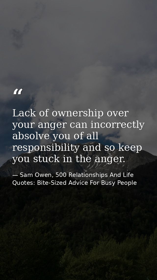 Lack of ownership over your anger can incorrectly absolve you of all responsibility and so keep you stuck in the anger. — Sam Owen, 500 Relationships And Life Quotes: Bite-Sized Advice For Busy People