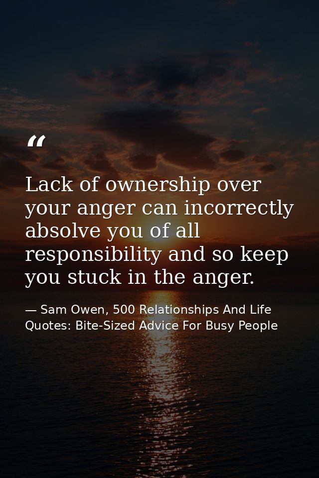 Lack of ownership over your anger can incorrectly absolve you of all responsibility and so keep you stuck in the anger. — Sam Owen, 500 Relationships And Life Quotes: Bite-Sized Advice For Busy People