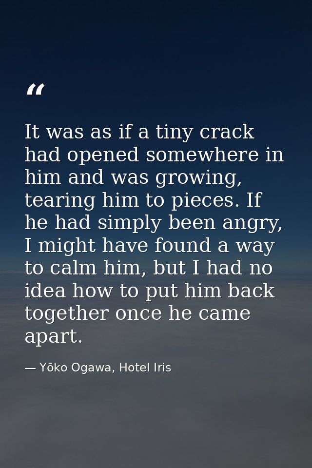 It was as if a tiny crack had opened somewhere in him and was growing, tearing him to pieces. If he had simply been angr — Yōko Ogawa, Hotel Iris
