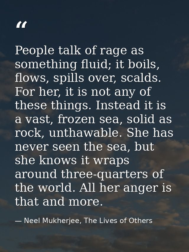 People talk of rage as something fluid; it boils, flows, spills over, scalds. For her, it is not any of these things. In — Neel Mukherjee, The Lives of Others