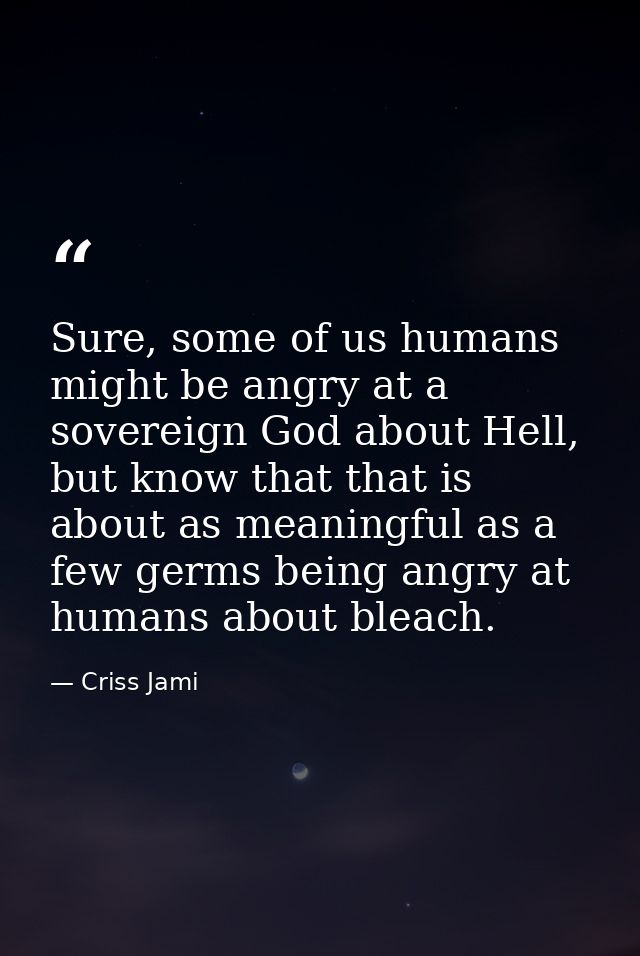 Sure, some of us humans might be angry at a sovereign God about Hell, but know that that is about as meaningful as a few — Criss Jami