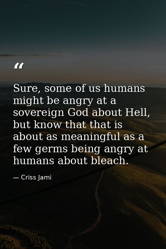 Sure, some of us humans might be angry at a sovereign God about Hell, but know that that is about as meaningful as a few — Criss Jami
