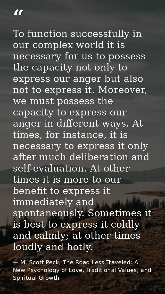 To function successfully in our complex world it is necessary for us to possess the capacity not only to express our ang — M. Scott Peck, The Road Less Traveled: A New Psychology of Love, Traditional Values, and Spiritual Growth
