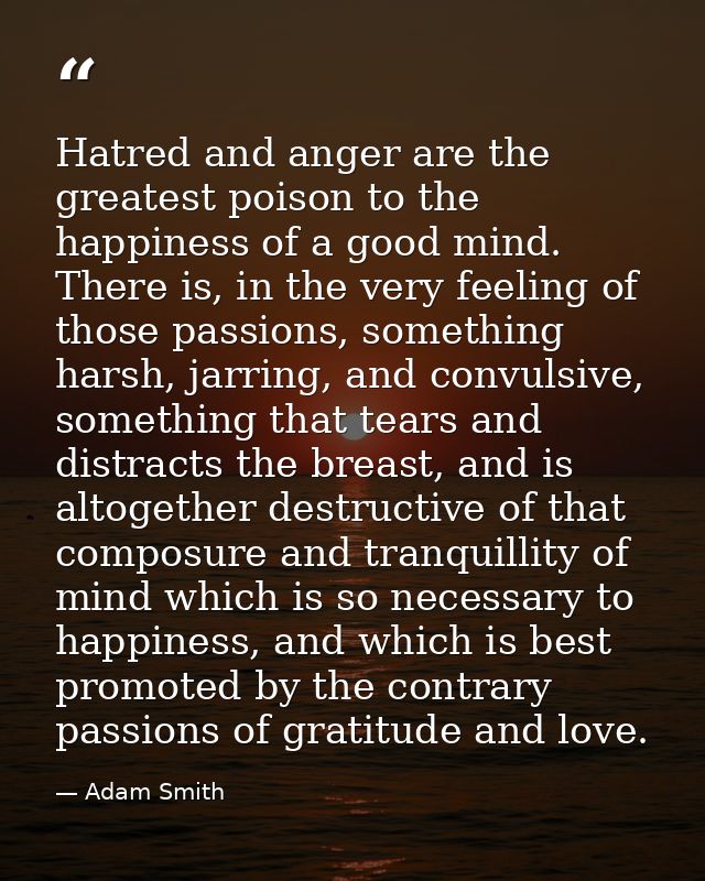 Hatred and anger are the greatest poison to the happiness of a good mind. There is, in the very feeling of those passion — Adam Smith