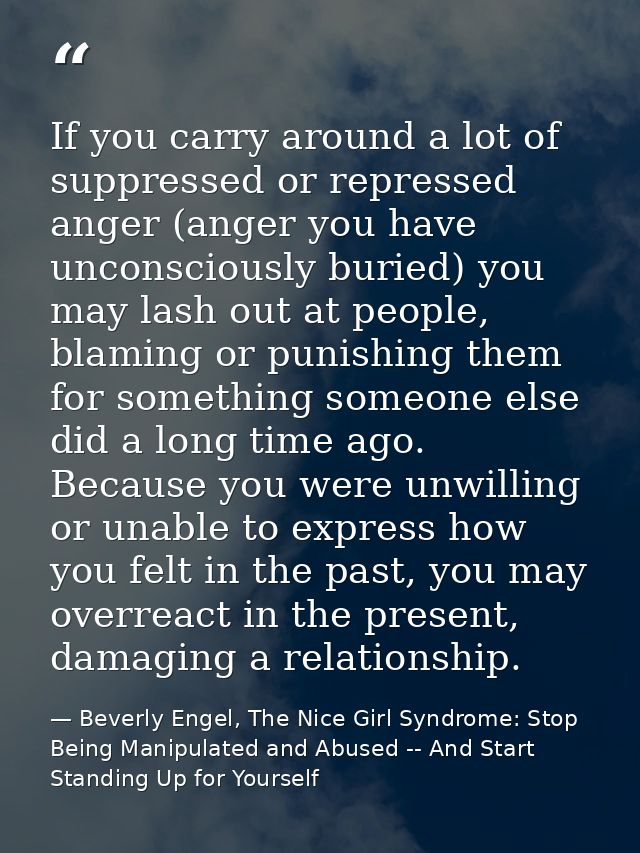 If you carry around a lot of suppressed or repressed anger (anger you have unconsciously buried) you may lash out at peo — Beverly Engel, The Nice Girl Syndrome: Stop Being Manipulated and Abused -- And Start Standing Up for Yourself
