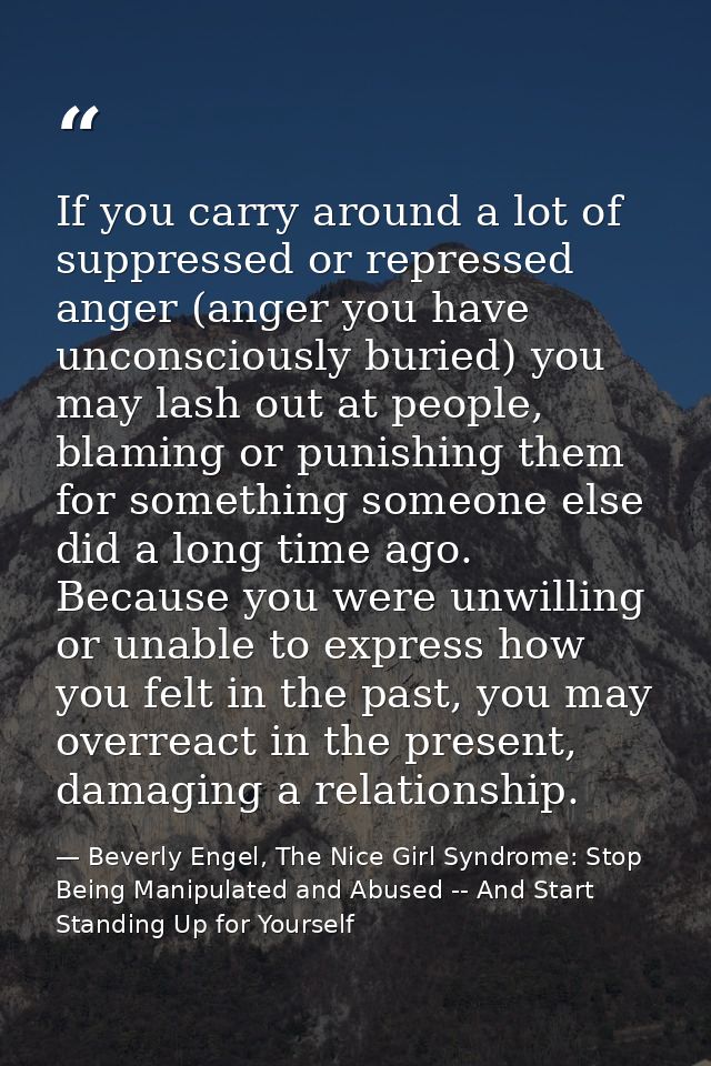 If you carry around a lot of suppressed or repressed anger (anger you have unconsciously buried) you may lash out at peo — Beverly Engel, The Nice Girl Syndrome: Stop Being Manipulated and Abused -- And Start Standing Up for Yourself