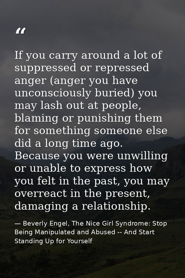 If you carry around a lot of suppressed or repressed anger (anger you have unconsciously buried) you may lash out at peo — Beverly Engel, The Nice Girl Syndrome: Stop Being Manipulated and Abused -- And Start Standing Up for Yourself