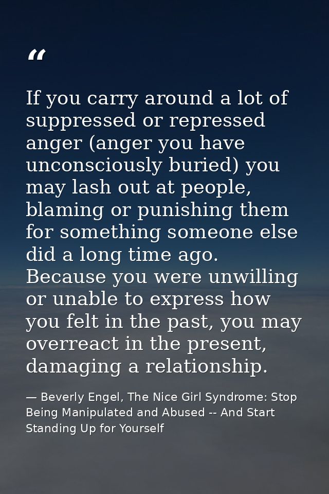 If you carry around a lot of suppressed or repressed anger (anger you have unconsciously buried) you may lash out at peo — Beverly Engel, The Nice Girl Syndrome: Stop Being Manipulated and Abused -- And Start Standing Up for Yourself