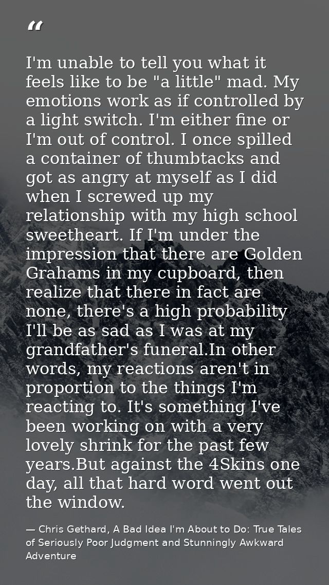 I'm unable to tell you what it feels like to be "a little" mad. My emotions work as if controlled by a light switch. I'm — Chris Gethard, A Bad Idea I'm About to Do: True Tales of Seriously Poor Judgment and Stunningly Awkward Adventure