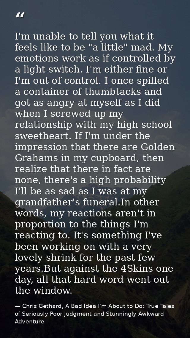 I'm unable to tell you what it feels like to be "a little" mad. My emotions work as if controlled by a light switch. I'm — Chris Gethard, A Bad Idea I'm About to Do: True Tales of Seriously Poor Judgment and Stunningly Awkward Adventure