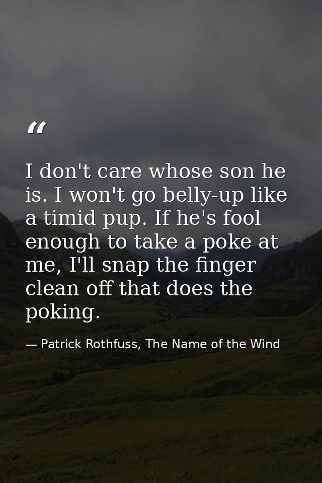 I don't care whose son he is. I won't go belly-up like a timid pup. If he's fool enough to take a poke at me, I'll snap  — Patrick Rothfuss, The Name of the Wind