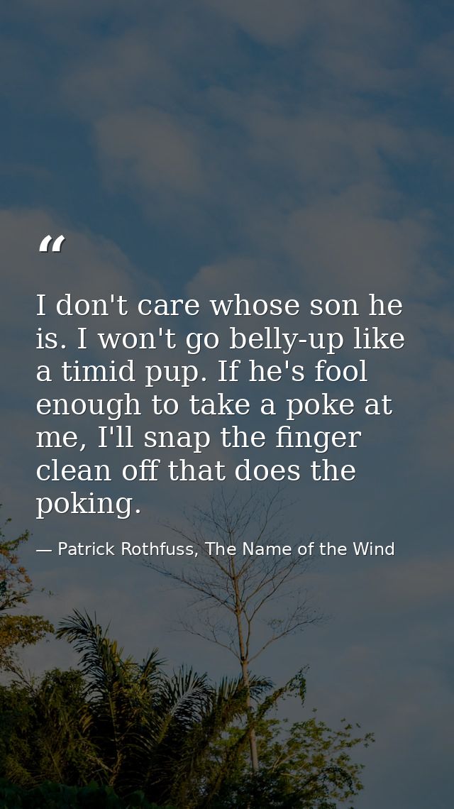 I don't care whose son he is. I won't go belly-up like a timid pup. If he's fool enough to take a poke at me, I'll snap  — Patrick Rothfuss, The Name of the Wind