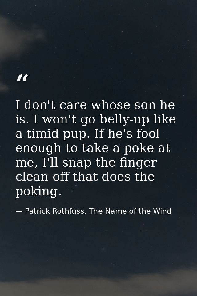 I don't care whose son he is. I won't go belly-up like a timid pup. If he's fool enough to take a poke at me, I'll snap  — Patrick Rothfuss, The Name of the Wind