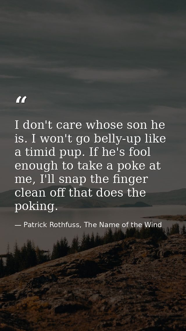 I don't care whose son he is. I won't go belly-up like a timid pup. If he's fool enough to take a poke at me, I'll snap  — Patrick Rothfuss, The Name of the Wind