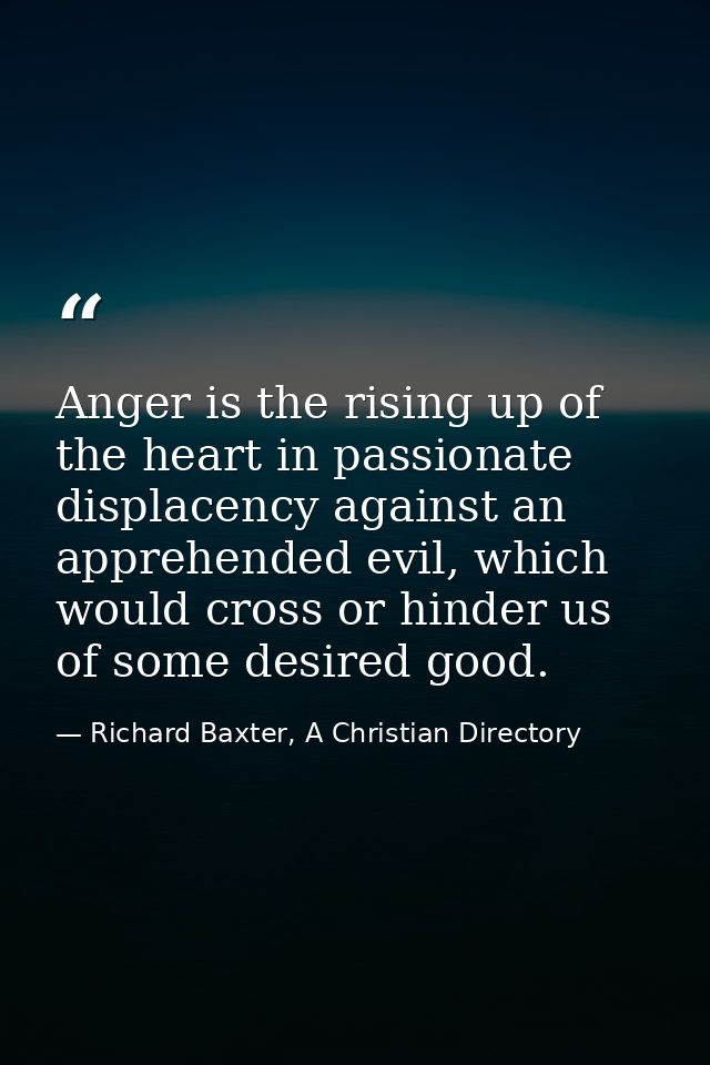 Anger is the rising up of the heart in passionate displacency against an apprehended evil, which would cross or hinder u — Richard Baxter, A Christian Directory