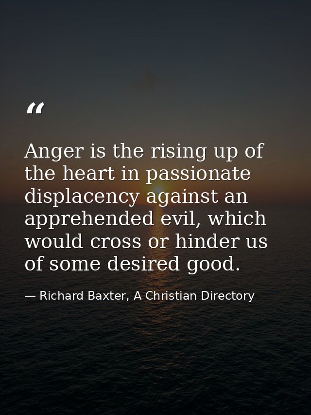 Anger is the rising up of the heart in passionate displacency against an apprehended evil, which would cross or hinder u — Richard Baxter, A Christian Directory