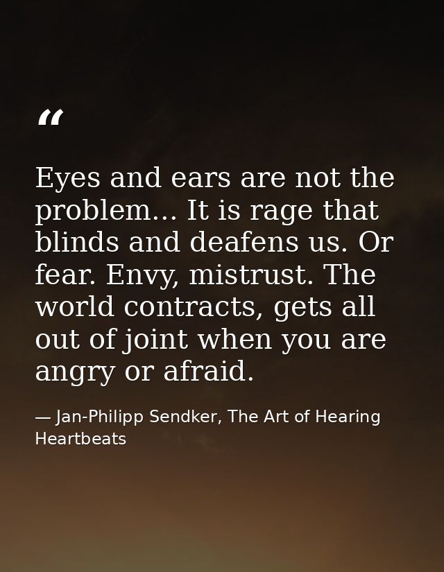 Eyes and ears are not the problem... It is rage that blinds and deafens us. Or fear. Envy, mistrust. The world contracts — Jan-Philipp Sendker, The Art of Hearing Heartbeats