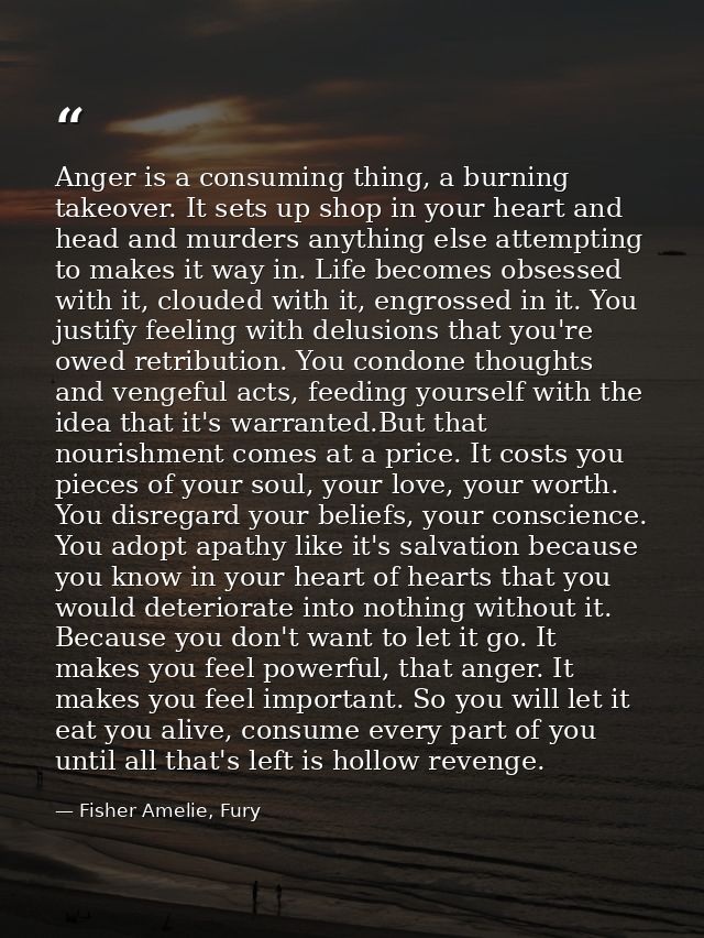 Anger is a consuming thing, a burning takeover. It sets up shop in your heart and head and murders anything else attempt — Fisher Amelie, Fury