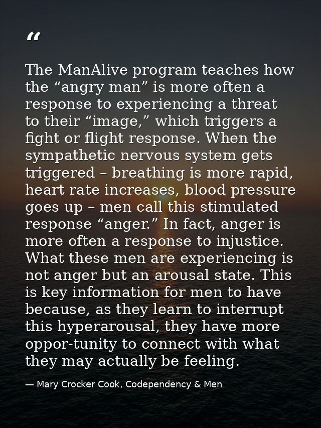 The ManAlive program teaches how the “angry man” is more often a response to experiencing a threat to their “image,” whi — Mary Crocker Cook, Codependency & Men