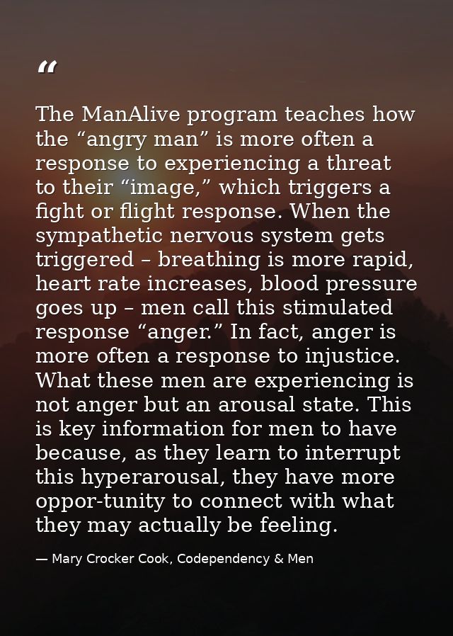 The ManAlive program teaches how the “angry man” is more often a response to experiencing a threat to their “image,” whi — Mary Crocker Cook, Codependency & Men