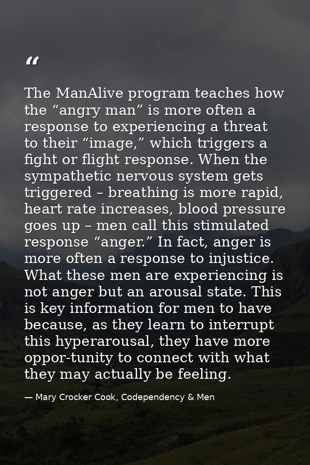 The ManAlive program teaches how the “angry man” is more often a response to experiencing a threat to their “image,” whi — Mary Crocker Cook, Codependency & Men