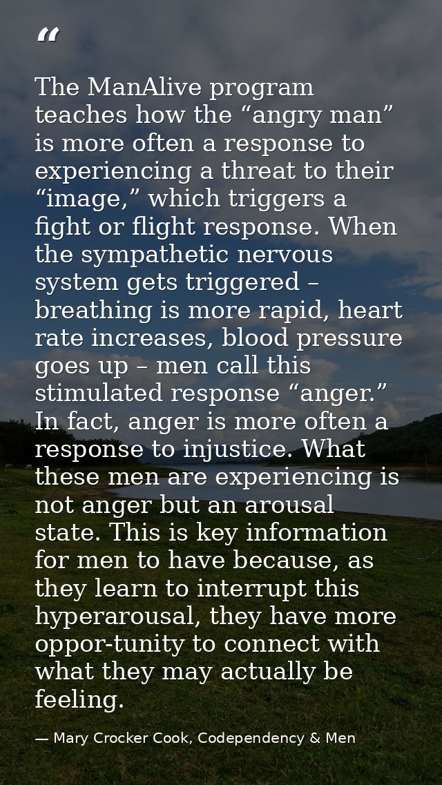 The ManAlive program teaches how the “angry man” is more often a response to experiencing a threat to their “image,” whi — Mary Crocker Cook, Codependency & Men