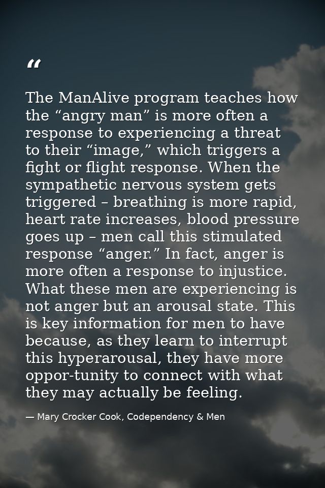 The ManAlive program teaches how the “angry man” is more often a response to experiencing a threat to their “image,” whi — Mary Crocker Cook, Codependency & Men