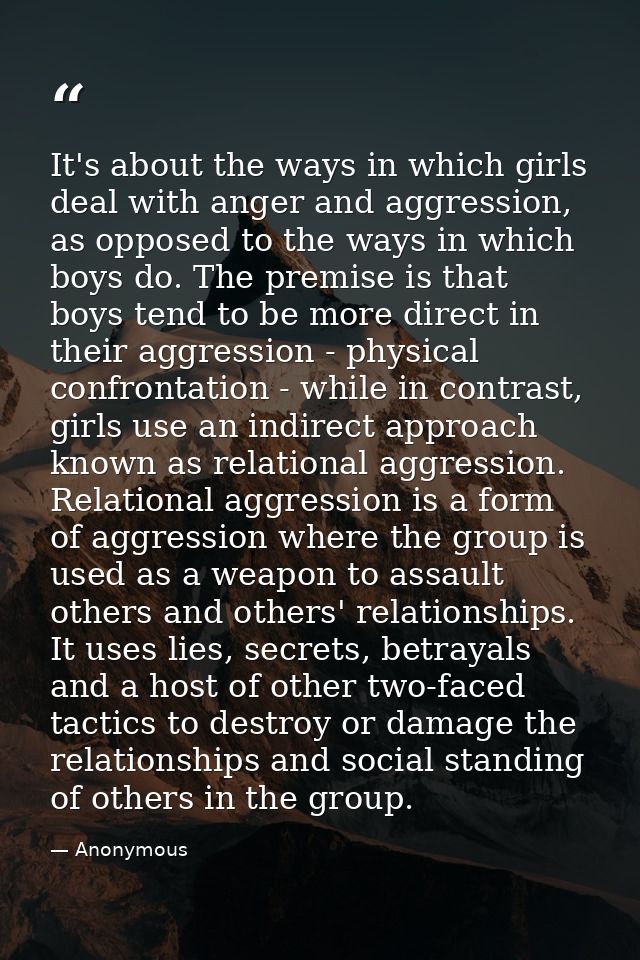 It's about the ways in which girls deal with anger and aggression, as opposed to the ways in which boys do. The premise  — Anonymous