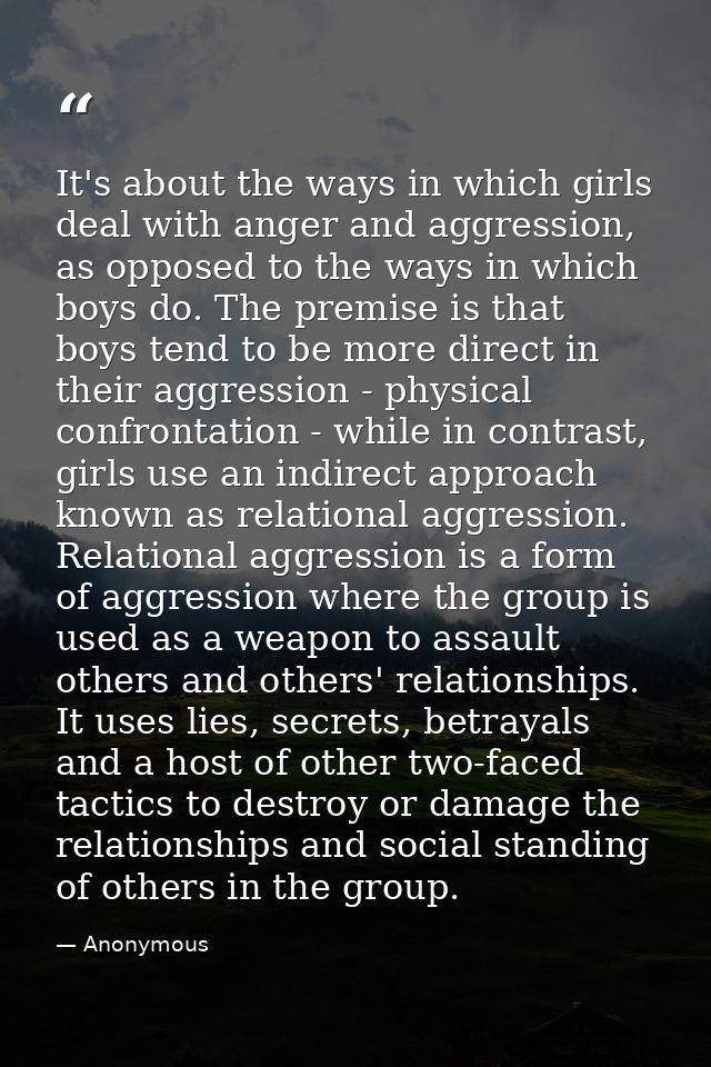 It's about the ways in which girls deal with anger and aggression, as opposed to the ways in which boys do. The premise  — Anonymous