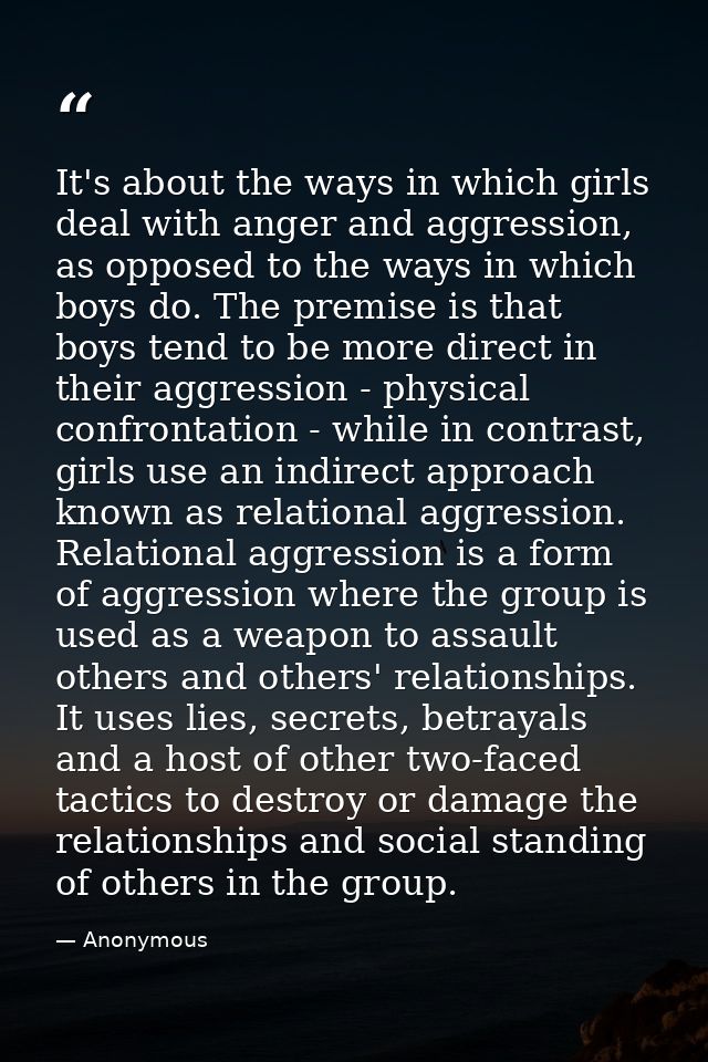 It's about the ways in which girls deal with anger and aggression, as opposed to the ways in which boys do. The premise  — Anonymous