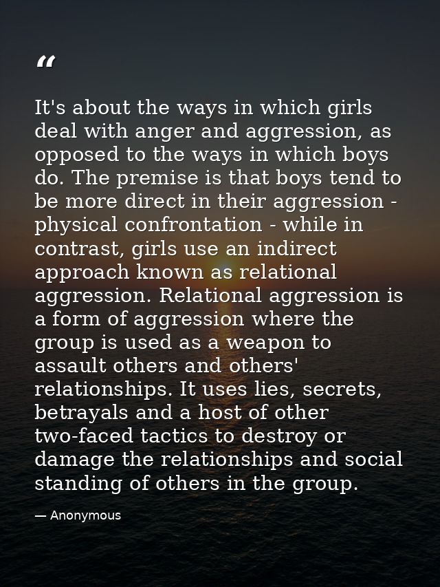 It's about the ways in which girls deal with anger and aggression, as opposed to the ways in which boys do. The premise  — Anonymous
