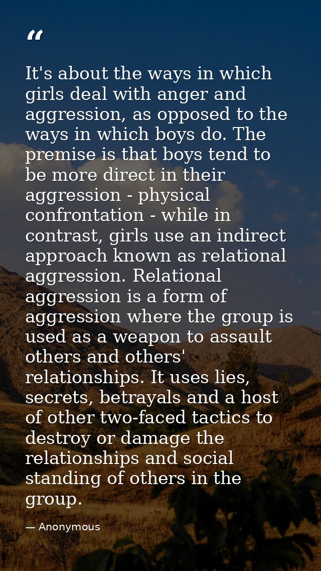 It's about the ways in which girls deal with anger and aggression, as opposed to the ways in which boys do. The premise  — Anonymous