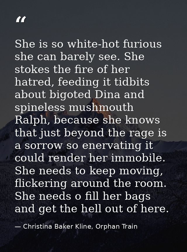 She is so white-hot furious she can barely see. She stokes the fire of her hatred, feeding it tidbits about bigoted Dina — Christina Baker Kline, Orphan Train