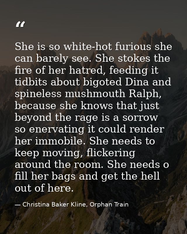 She is so white-hot furious she can barely see. She stokes the fire of her hatred, feeding it tidbits about bigoted Dina — Christina Baker Kline, Orphan Train