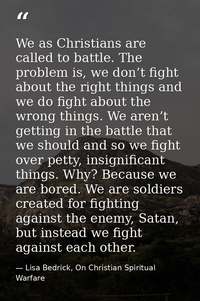 We as Christians are called to battle. The problem is, we don’t fight about the right things and we do fight about the w — Lisa Bedrick, On Christian Spiritual Warfare