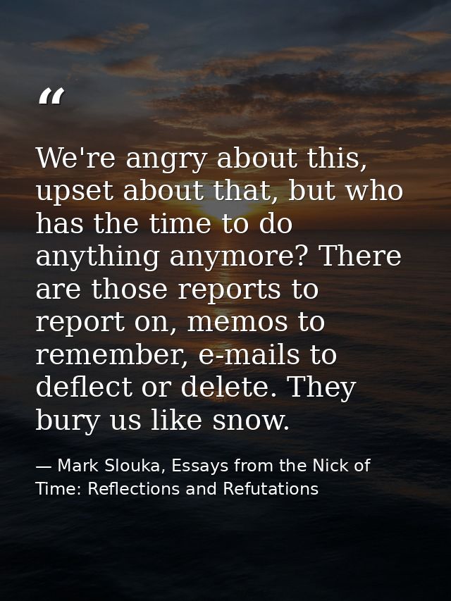 We're angry about this, upset about that, but who has the time to do anything anymore? There are those reports to report — Mark Slouka, Essays from the Nick of Time: Reflections and Refutations