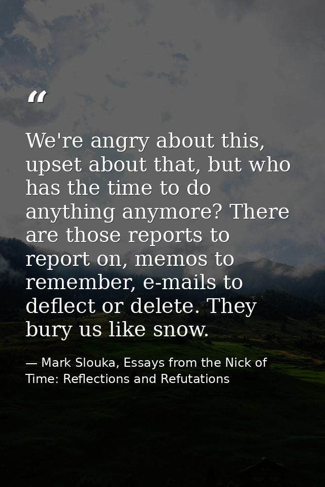 We're angry about this, upset about that, but who has the time to do anything anymore? There are those reports to report — Mark Slouka, Essays from the Nick of Time: Reflections and Refutations