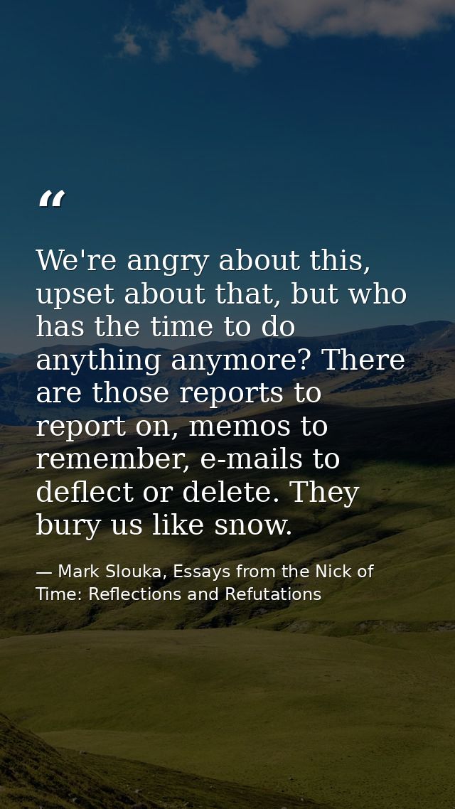 We're angry about this, upset about that, but who has the time to do anything anymore? There are those reports to report — Mark Slouka, Essays from the Nick of Time: Reflections and Refutations