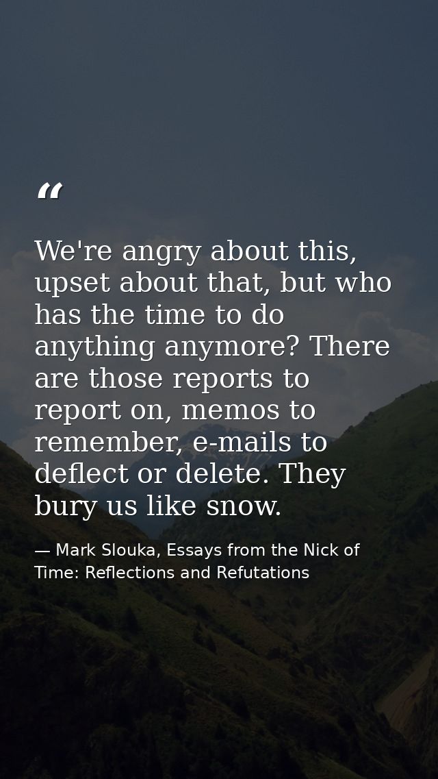 We're angry about this, upset about that, but who has the time to do anything anymore? There are those reports to report — Mark Slouka, Essays from the Nick of Time: Reflections and Refutations
