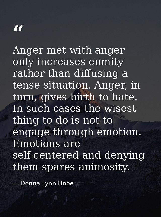 Anger met with anger only increases enmity rather than diffusing a tense situation. Anger, in turn, gives birth to hate. — Donna Lynn Hope