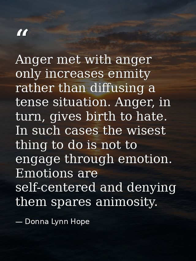 Anger met with anger only increases enmity rather than diffusing a tense situation. Anger, in turn, gives birth to hate. — Donna Lynn Hope