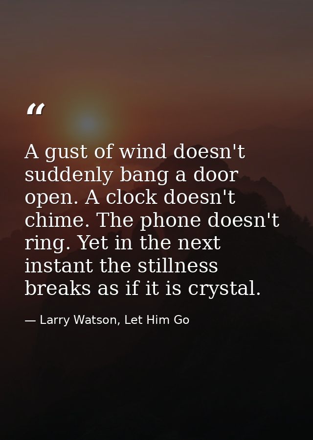 A gust of wind doesn't suddenly bang a door open. A clock doesn't chime. The phone doesn't ring. Yet in the next instant — Larry Watson, Let Him Go