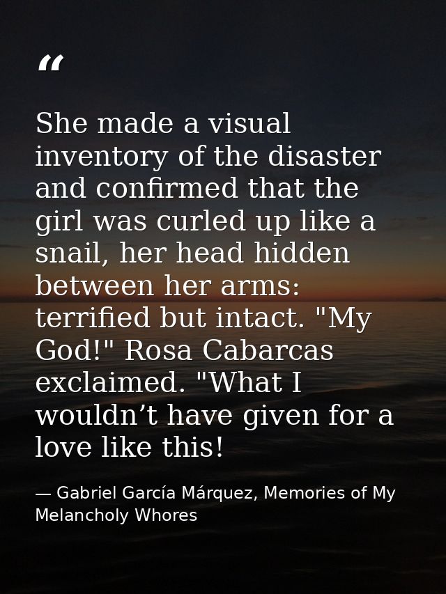 She made a visual inventory of the disaster and confirmed that the girl was curled up like a snail, her head hidden betw — Gabriel García Márquez, Memories of My Melancholy Whores